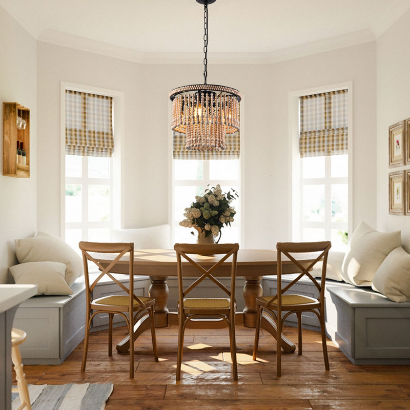 Lustre maison de campagne d'inspiration bohémienne avec perles de bois faites à la main E12 avec ampoule non incluse