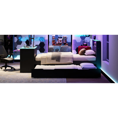 Lit plateforme simple avec lit gigogne, bureau, tête de lit à panneau noir et bleu, zone de jeu et d'étude, conception peu encombrante, tête de lit intelligente en bois à utilisation à long terme, qualité intégrée