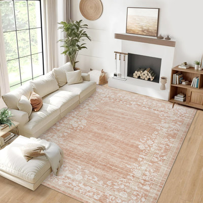 Machine Washable Non-Slip Rugs for Living Room Border Floral Vintage Distress Print Carpet Indoor Non-Shedding Rugs for Living Room Dining Room