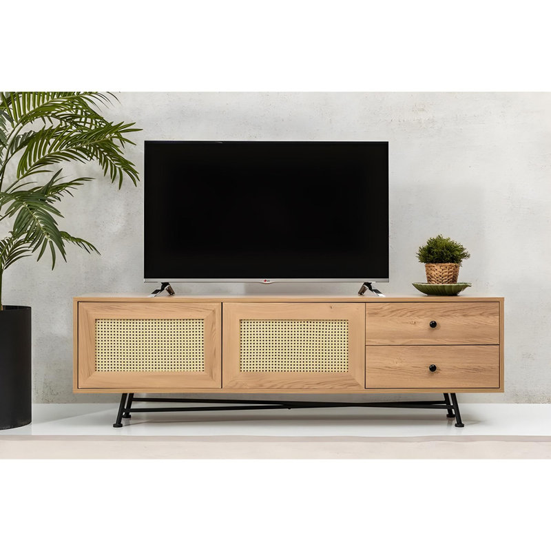 Meuble télé élégant avec pieds en métal, finition naturelle, 70,9 po x 21,7 po x 15,7 po | 100% aggloméré enduit de mélamine pour plus de durabilité | Parfait pour le salon et les espaces de divertissement, design moderne et élégant