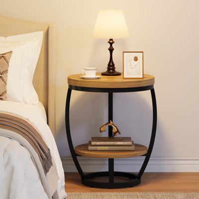 2-Tier Oval Accent Table For Small Spaces, Rustic Wood And Metal Couch End Table, Nightstand For Bedroom Or End Table Living Room