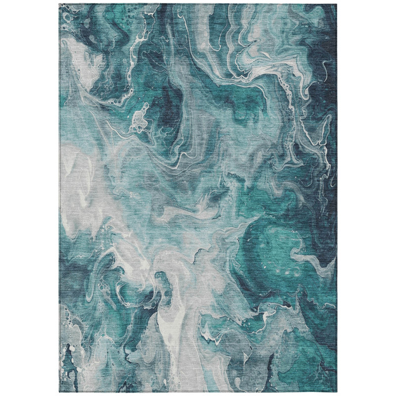 3' X 5' Teal Blue And Ivory Abstract Washable Indoor Outdoor Area Rug