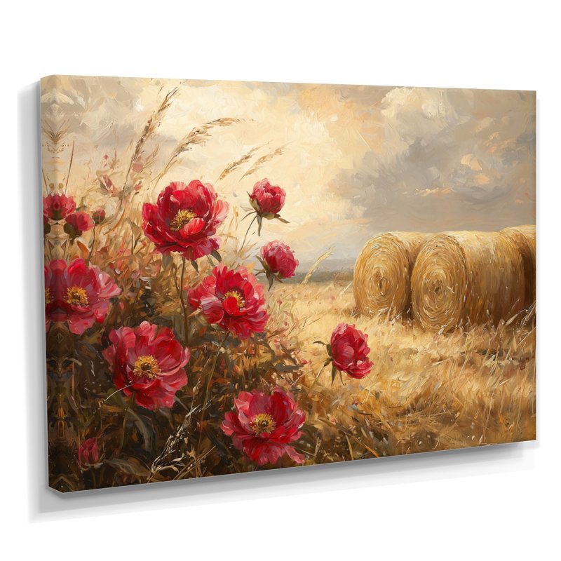 Pivoines de charme champêtre près des balles de foin II - Art mural floral, H 24 po x l 32 po, Wrapped Canvas
