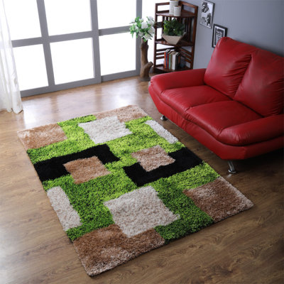 Hand Tufted Shag Polyester Eco-Friendly Area Rugs - Rectangle, Green Beige Color, Geometric Modern Design, High Pile Thick Handmade Anti Skid Area Rugs for Living Room, Bed Room 