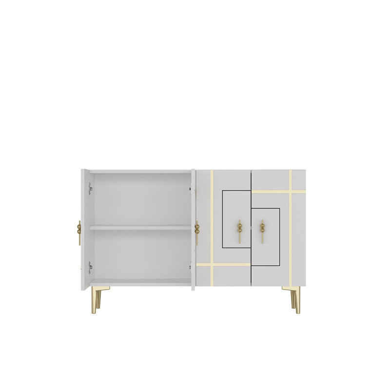 Buffet moderne avec détails géométriques dorés / argentés, Blanc / Doré