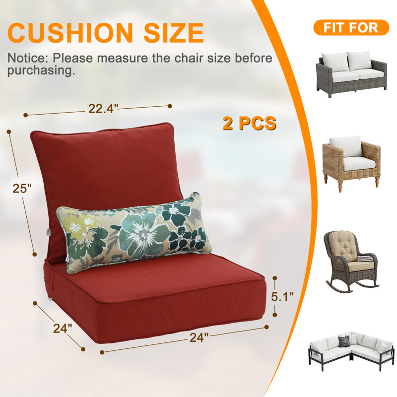 Ensemble de coussins de siège d'extérieur, L 24 po x P 24 po, Rouge