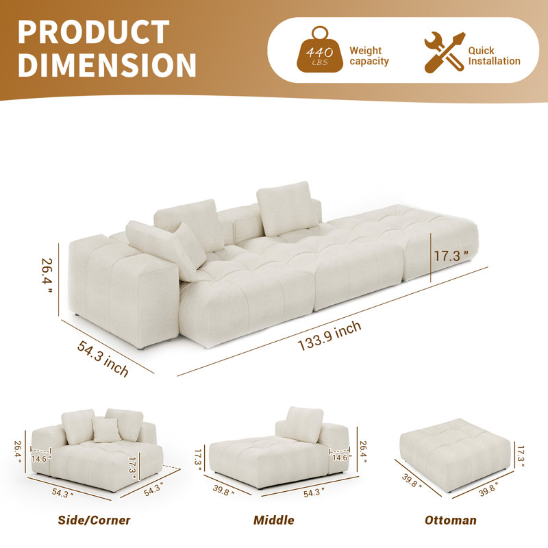 Wilderstein 133,9 po Canapé rembourré, canapé modulaire Cloud, Beige
