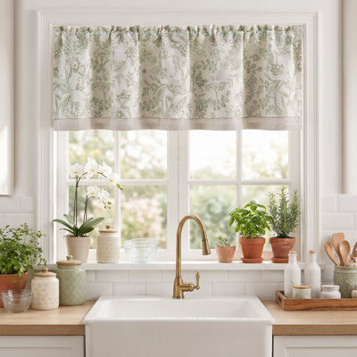 Linen Floral Rod Pocket Farmhouse Double Layered Valance for Kitchen Bathroom