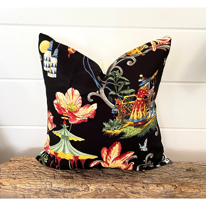 Housse de coussin noire en chinoiserie, H 19 po x l 19 po