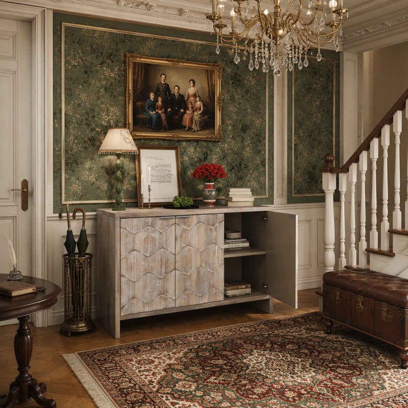 Buffet buffet à 3 portes avec beaucoup de rangement et design artistique, idéal pour l'organisation de la maison et la décoration intérieure