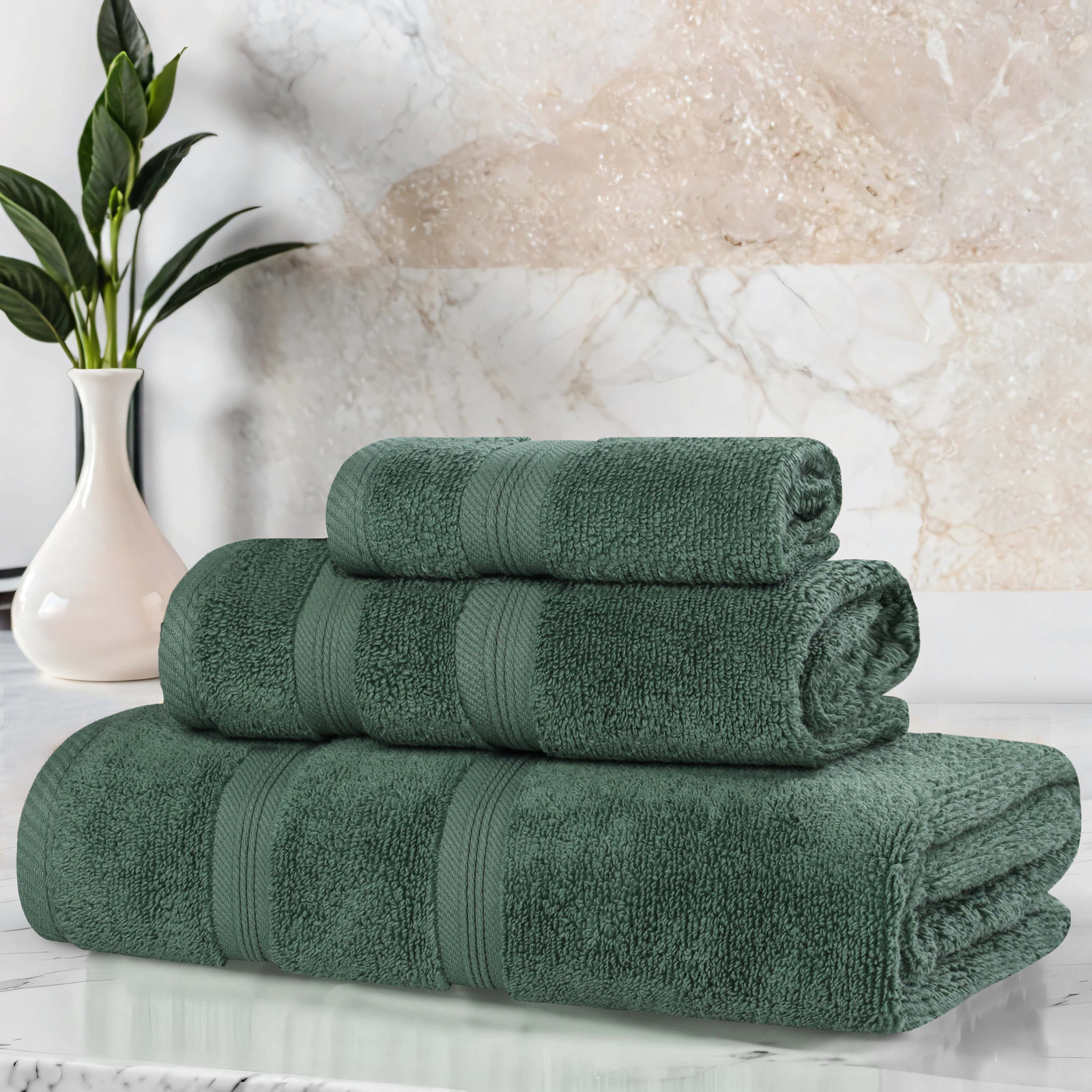 3-Piece Cotton Bath Towel Set, Forest Green