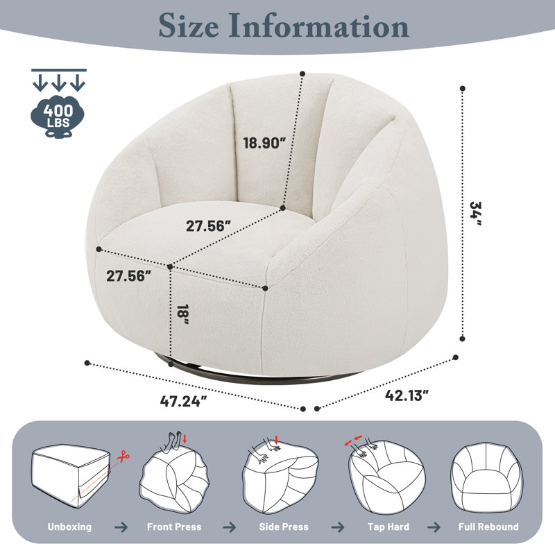 Plush Giant Swivel Compression Bean Bag Chair Shell Bean Bag Sofa Soft Accent Chair, Beige
