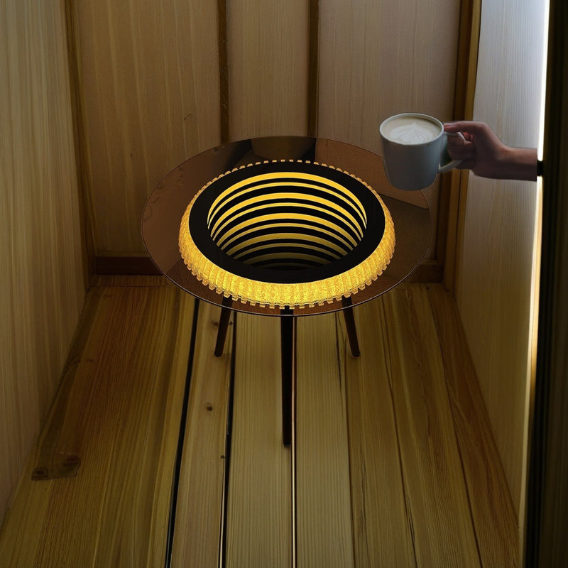 Table ronde, table d'appoint avec lumière DEL, table de bout en métal de luxe avec miroir 3D, table de salle à manger en verre pour le salon de la chambre à coucher, bureau, bureau, 20 po x 20 po