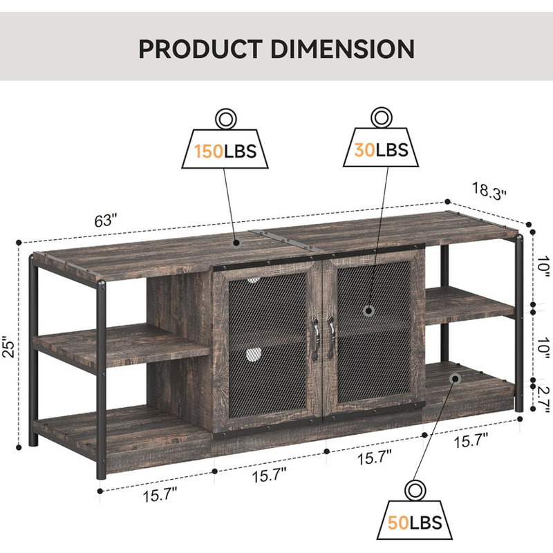 Meuble télé pour salon, meuble télé de ferme avec rangement et porte en filet pour téléviseur de 65 pouces, meuble télé avec rangement, console télé, console média - meuble télé en chêne rustique