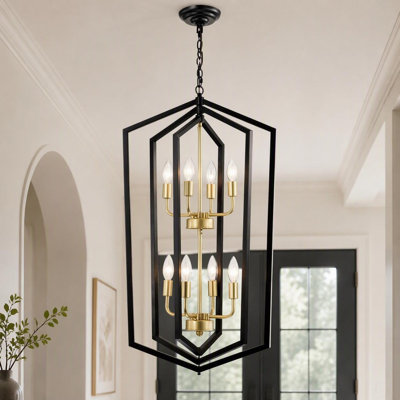 8 Light Lantern Farmhouse Chandelier Modern Black Gold Pendant Light Fixture for Foyer Entryway Kitchen Island Dining Room Living Room