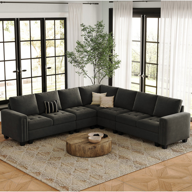 Shavera 6 - Piece Velvet Large L Shaped Corner Sectional Sofa Solid Wood Livingroom Couch, Gray Velvet