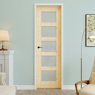 Porte pré-suspendue intérieure en bois de pin et verre givré 24 po x 80 po 5-Lite-Lite 24 po x 80 po avec levier incurvé et charnières noires, dalle de porte d'intimité en verre, à peindre et imperméable, combinaison pour la lessive, portes de placard, portes de pièce, droite
