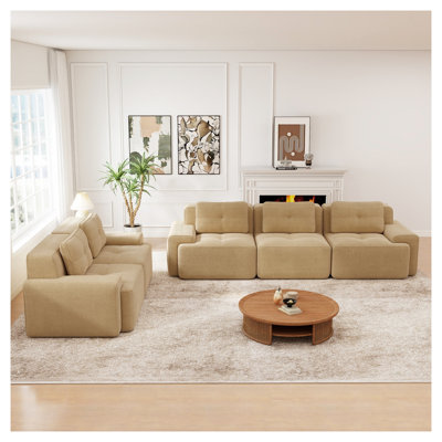 Camel Corduroy Modular Sectional Sofa Set, 5-Seat Deep-Seat Configuration with Versatile Layout