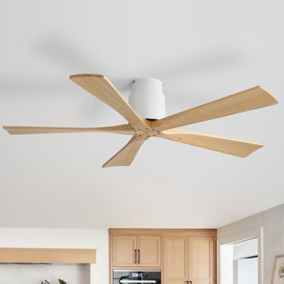 Ventilateur de plafond moderne en bois massif à 5 pales de 52 po sans lumière Whisper Sofucor, intérieur / extérieur, télécommande, blanc et beige, encastré