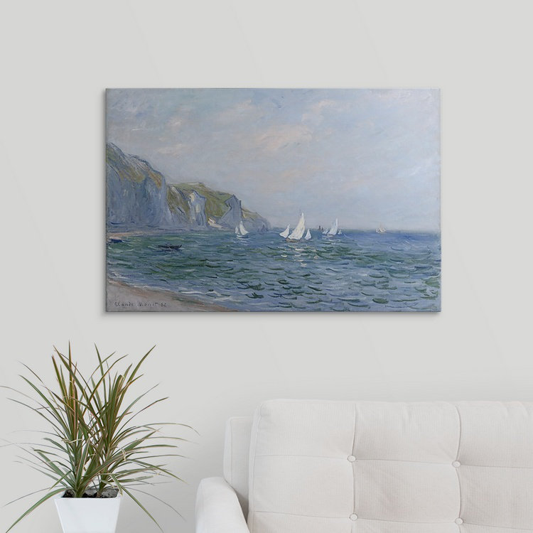 "Falaises et voiliers à Pourville" par Claude Monet, reproduction d'art, H 28 po x l 38 po x P 1 po, Cadre blanc