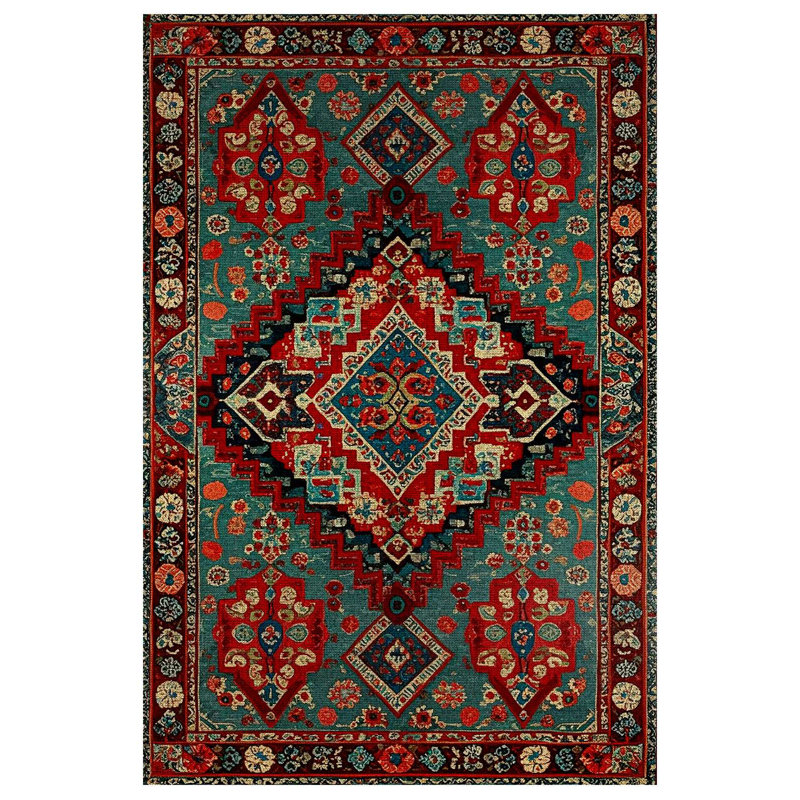 Ezra Collection Digital Print Cotton-Polyester Green Red Moroccan Rug, Runner 3'4" x 7'3"
