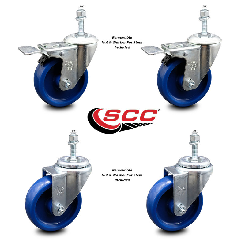 4 Inch SS Solid Poly 3/8 Inch Threaded Stem Caster Set 2 Total Lock Brake SCC