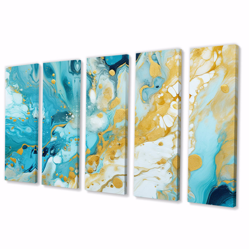 Turquoise luxueux, art abstrait fluide, impression sur toile abstraite, 5 panneaux égaux