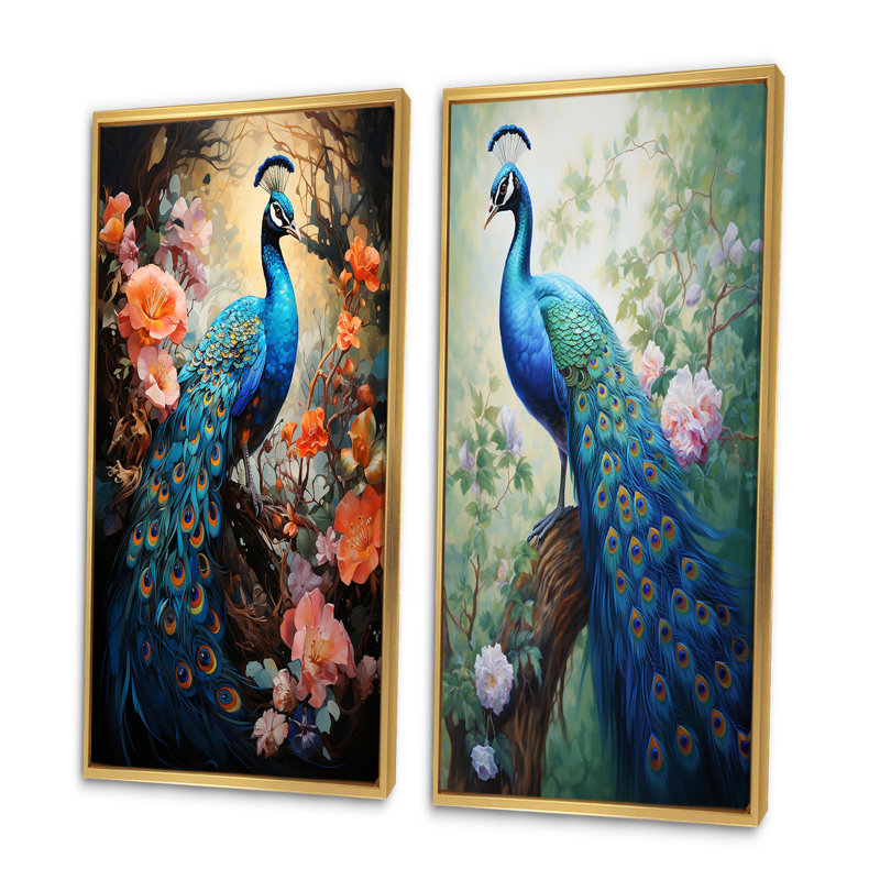 Paon lumineux - ensemble d'art mural paon de 2 pièces, Encadrement doré, H 40 po x l 40 po
