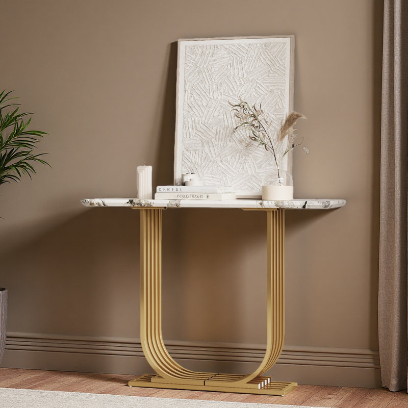 43.3-Inch Accent Table, Console, Modern Wooden Imitation Marble Counter Top Console Table, Narrow Type, Sofa, Living Room, Bedroom