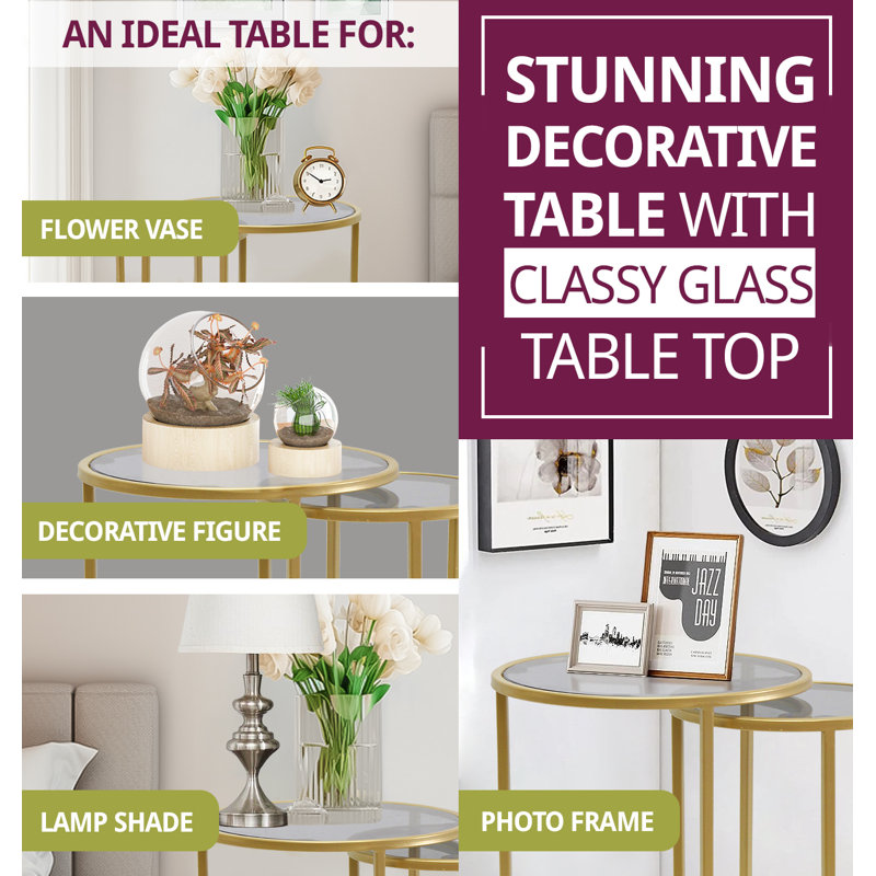 Blanton Glass Top Frame Nesting Tables, Grey/Gold
