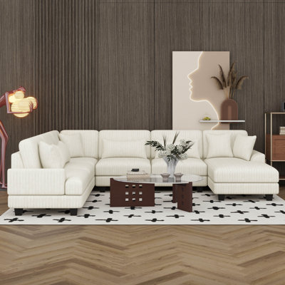 129" Oversized Modular Sectional Sofa, 5 Seater Cloud Plush Corduroy Sofa Set With A Chaise Lounge Upholstered Comfy Sofa Couch