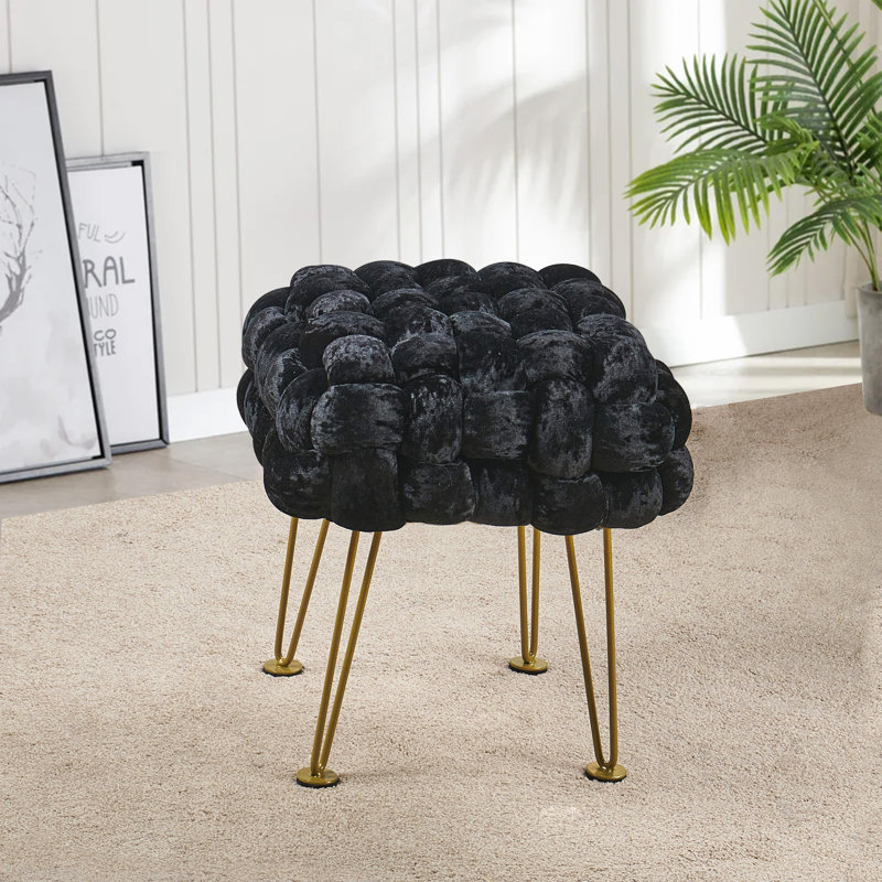 16" Wide Velvet Square Ottoman, Jet Black Velvet