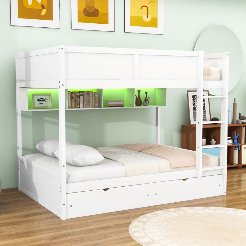 Lit double superposé au dessus d'un lit double avec lumière DEL, 2 tiroirs et tablettes, Blanc