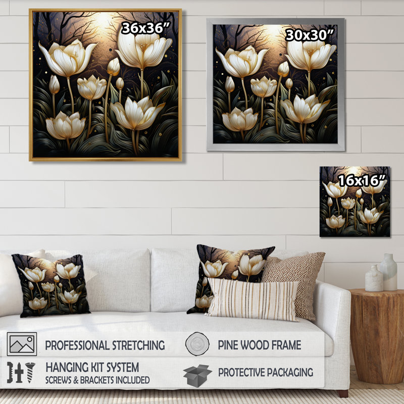 «Elegant Glam White Tulips In The Night», reproduction d'art murale fleur, H 16 po x l 16 po