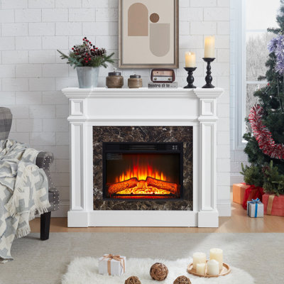  Freestanding Electric Fireplace with Mantel – White Stacked Stone Surround, LED Flame Heater with Remote & Timer, 45.66″W × 11.8″D × 40″H