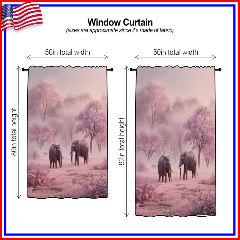 Éléphants dans la forêt rose, rideaux transparents et occultants - 1 panneau, 50 po x 92 po - 1 panneau, Transparent