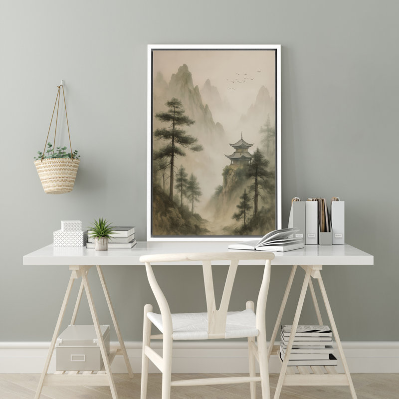 Paysage avec pavillon et pins - reproduction d'art sur toile encadrée, H 36 po x l 24 po x P 1,5 po, Cadre blanc