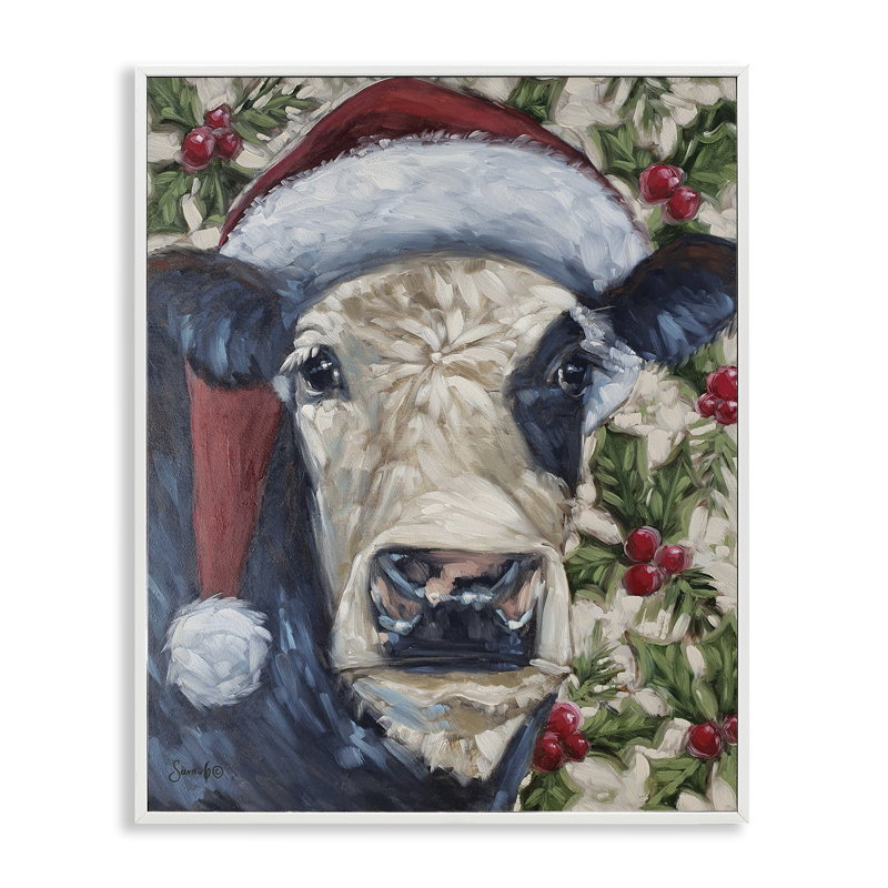 Vache avec houx festif, art de la giclée encadrée par Sara G. Designs, Estampe numérique encadrée blanc bord de mer