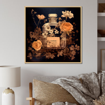 Retro Perfume Bottle With Blossoming Roses I Framed On Canvas Print