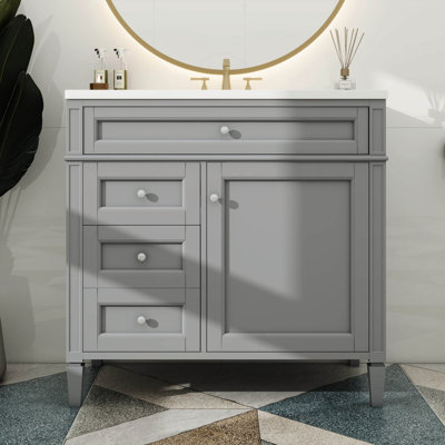 Meuble-lavabo de 36 po avec lavabo supérieur, armoire de rangement contemporaine avec 2 tiroirs et un tiroir basculant