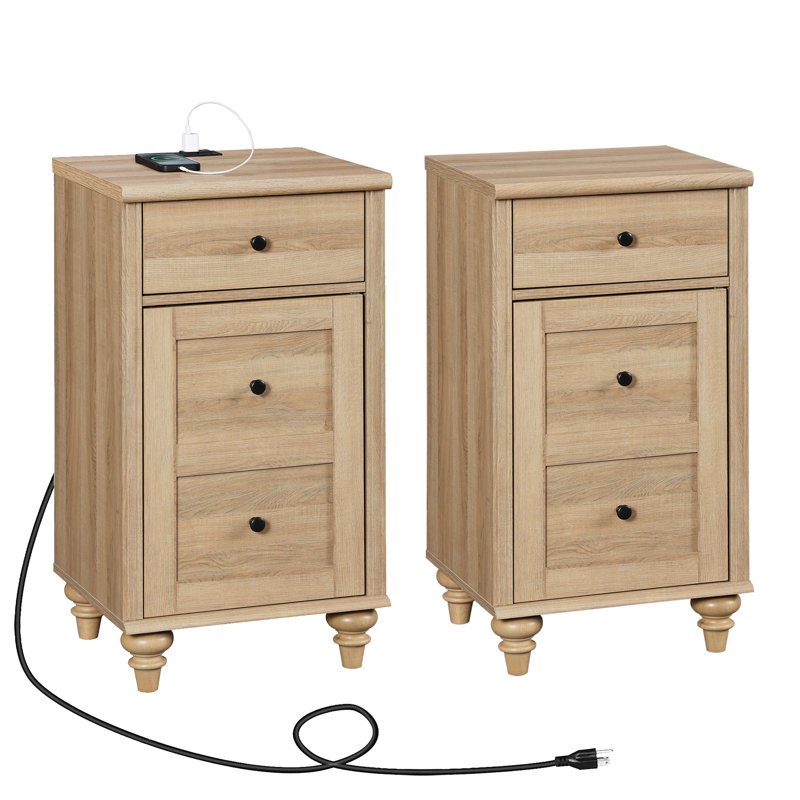 Scarlett Nightstand Set With Storage And Built-In Outlets (Set Of 2), Oak/Oak
