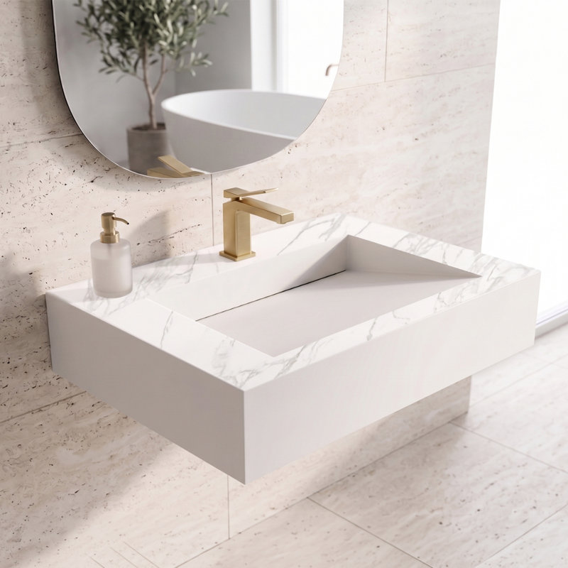 Pyramid 36" Wall Mounted Rectangular Solid Surface Bathroom Sink in Matte Finish - Marble White, With Faucet Hole, Single