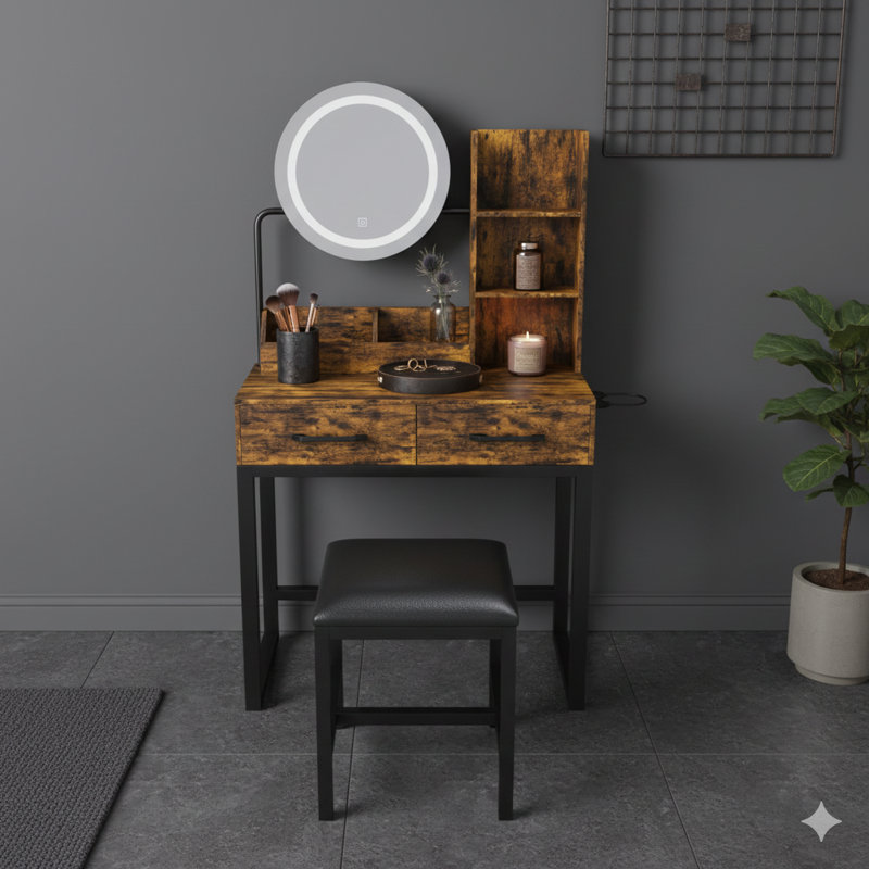 Makeup Vanity Featuring LED Lights With Three Colors And A Power Outlet. This Vanity Table Has Two Large Drawers, Sturdy Metal Legs, And Comes With A Metal Chair. A Dressing Table For Bedrooms Or Dressing Rooms, In Brown.