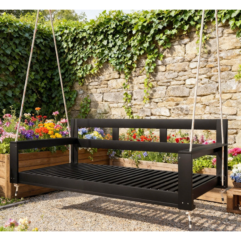 Minimalist Farmhouse Acacia Wood Hanging Bed For Patio & Porch, Black