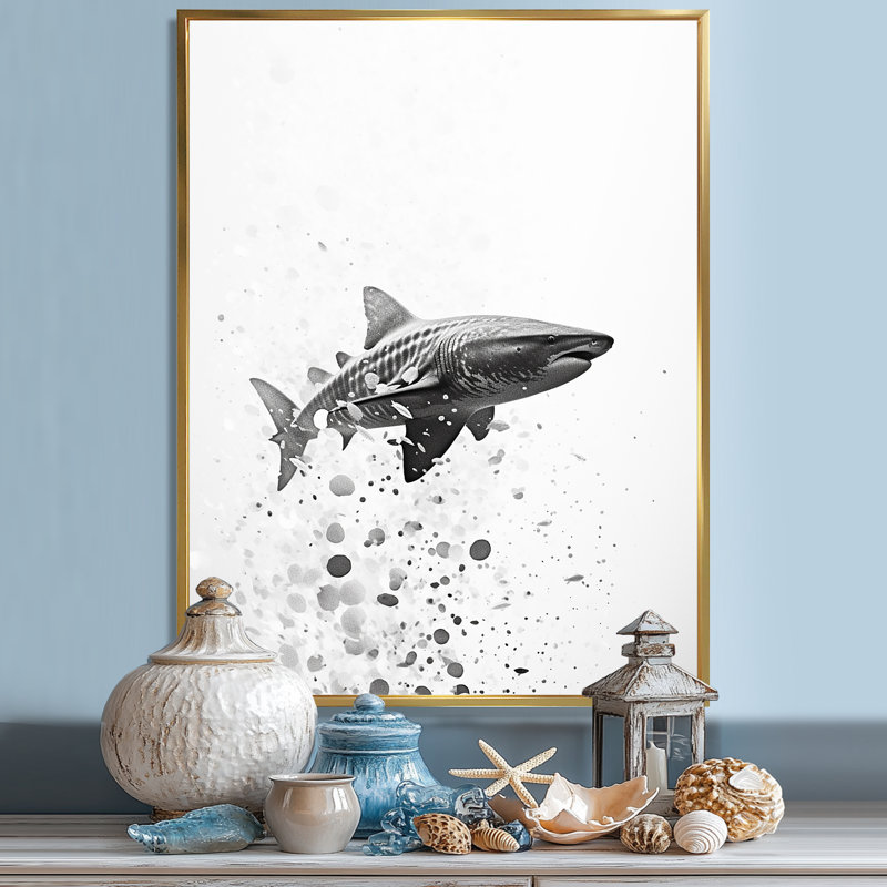 " Monochrome Gray Shark Dance ", Black Picture Framed, 32" H x 16" W
