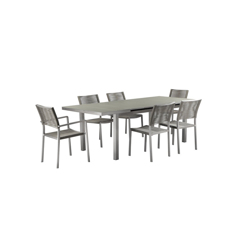  Pangea Home Bella 7 Piece Aluminum Patio Dining Set with Extendable Rectangular Table – Modern Outdoor Furniture with Quick-Dry Rope Chairs & Tempered Glass Tabletop