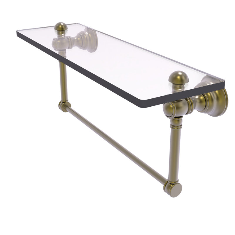 Freyja Glass Accent Shelf with Towel Bar, 5.54" H x 16" W x 7" D, Antique Brass