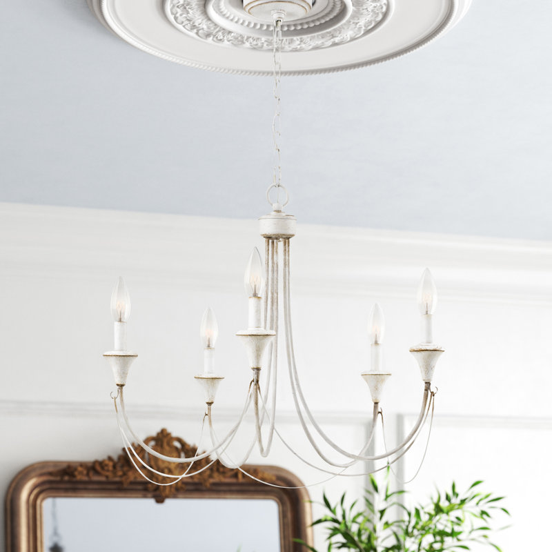 Lustre traditionnel classique à 5 lumières de style bougie, Blanc antique
