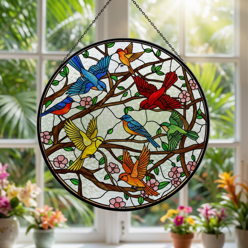 7.8"H Birds Flowers Stained Glass Window Panel, 7.8" H x 7.8" W