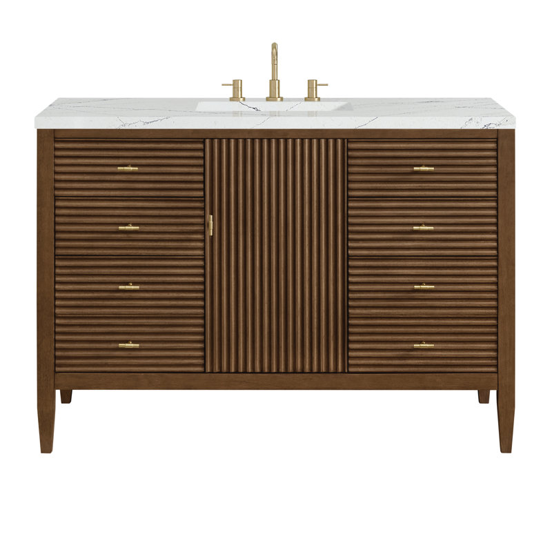 Myrrin 48'' W Single Vanity, Mid-Century Walnut, Ethereal Noctis, 8" Widespread